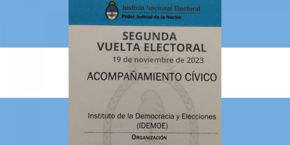 El Instituto de la Democracia y Elecciones (IDEMOE) observará la segunda vuelta (balotaje) de los comicios presidenciales en Argentina el 19 de noviembre de 2023.