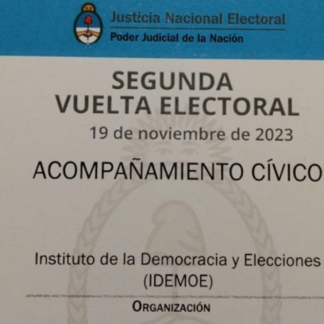 El Instituto de la Democracia y Elecciones (IDEMOE) observará la segunda vuelta (balotaje) de los comicios presidenciales en Argentina el 19 de noviembre de 2023.