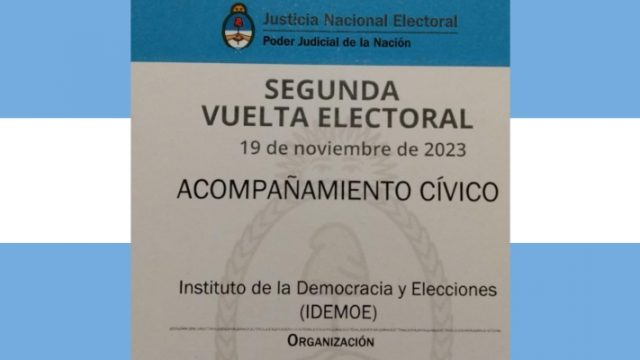 El Instituto de la Democracia y Elecciones (IDEMOE) observará la segunda vuelta (balotaje) de los comicios presidenciales en Argentina el 19 de noviembre de 2023.